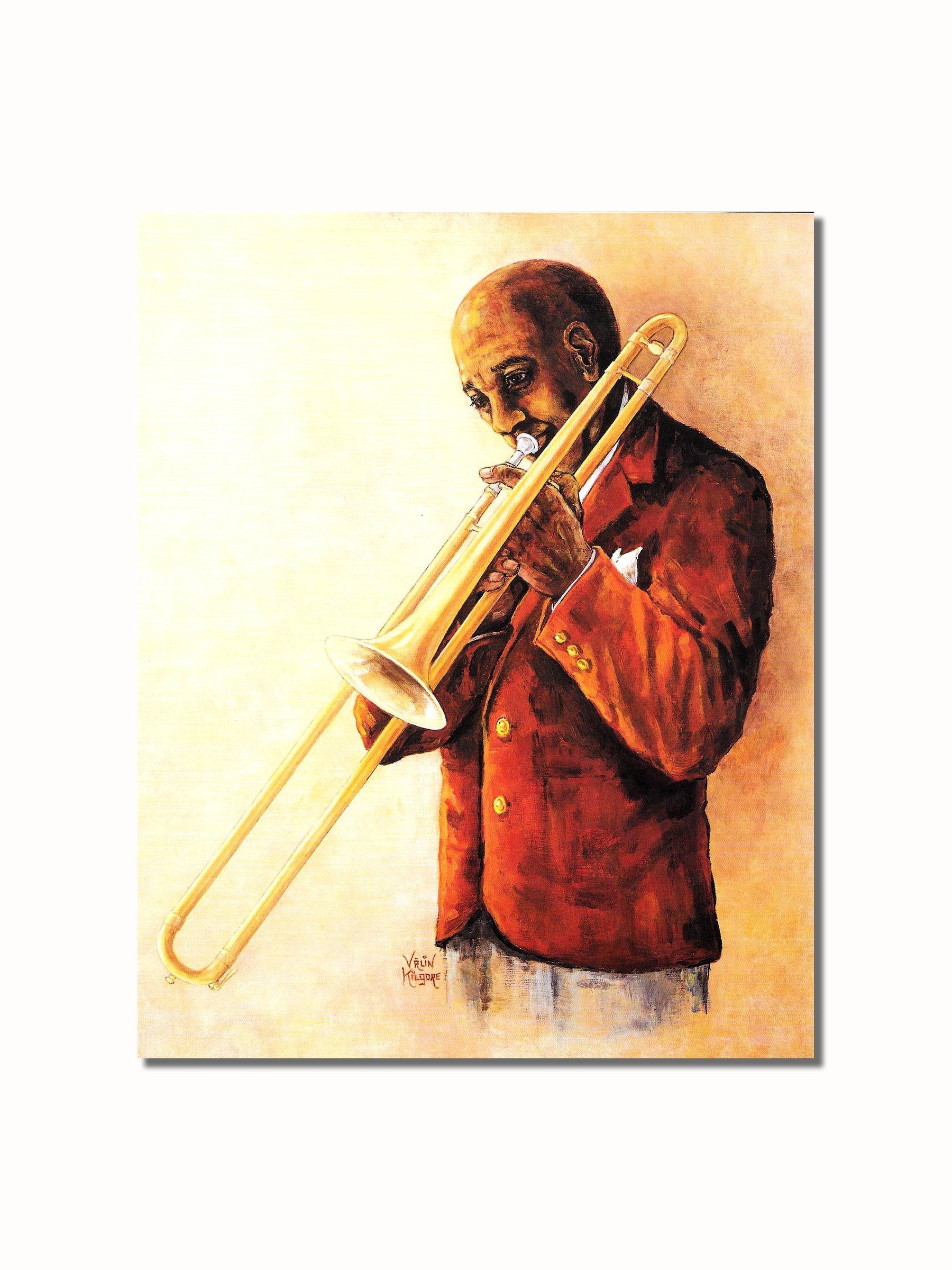 Jazz Trombone Art - African American Black Musician 8x10 Art Print, Vivid Lithograph