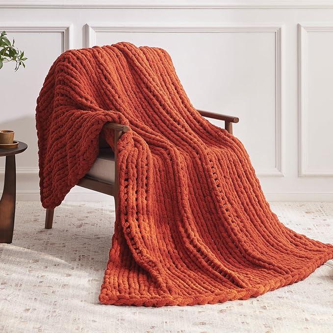 Chunky Knit Throw Blanket, 60''*80'' Fall Throw Blanket Knitted Chenille Yarn for Bed Couch, Handmade Orange Crochet Big Thick Blanket, Machine Washable Cute Comfy Blankets for Home Decor