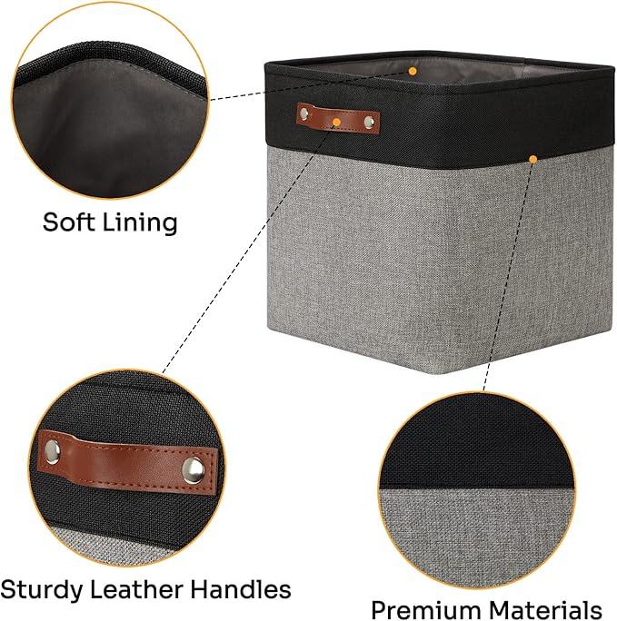 DULLEMELO Storage Bins for Organizing,Closet Storage Baskets for Gift Empty,Large Linen Canvas Storage Bins with Handles for Home Office Toys Shelves(Black&Grey, 13 inch Cube)