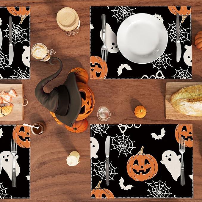 XCHI BOO Spooky Ghost Pumpkin Halloween Cloth Placemats Set of 8 Table Mats Table Decorations 12x18 Inch