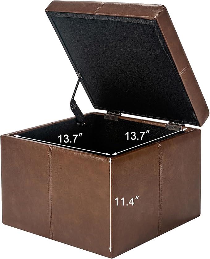 Adeco Storage Ottoman Foot Rest Stool, Leather Ottoman Footstool with Hinged Lid, 17