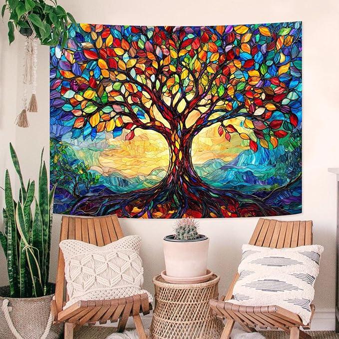Lunerfex Tree of Life Tapestry Stained Glass Tapestry Wall Decor Tapestries for Bedroom Art Tapestries Wall Hanging for Bedroom Living Room Glass-Tree-01 60