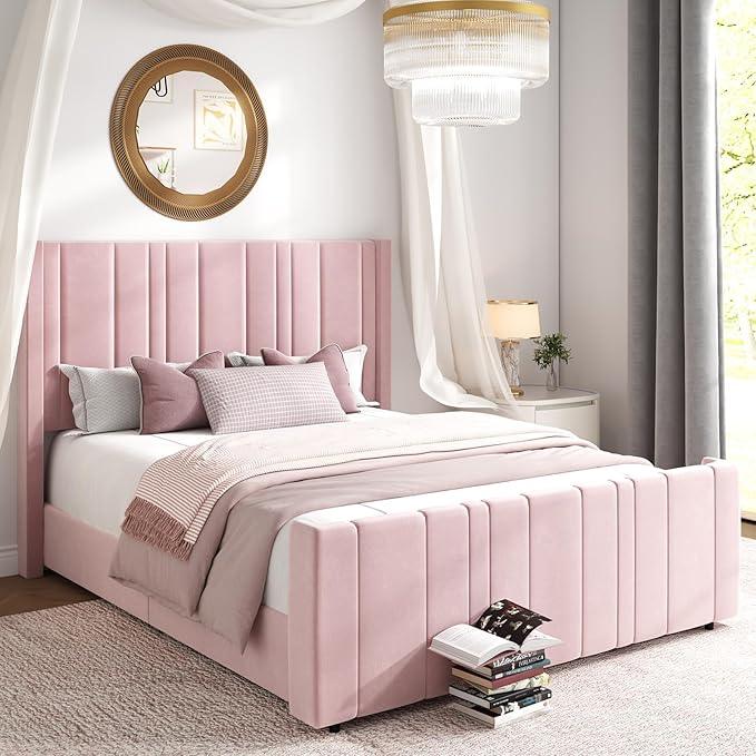 HOMBCK Queen Bed Frame Pink Upholstered Bed with Vertical Channel Tufted Headboard & 22