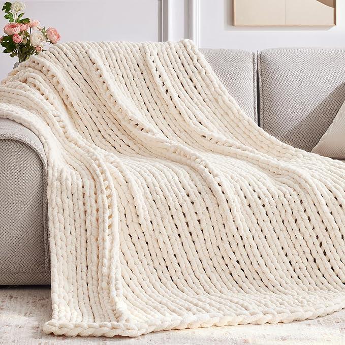 Chunky Knit Throw Blanket, 80''*90'' Knitted Throw Chenille Yarn for Bed Couch, Handmade Cream Crochet Big Thick Blanket, Machine Washable Cute Comfy Blanket for Home Decor