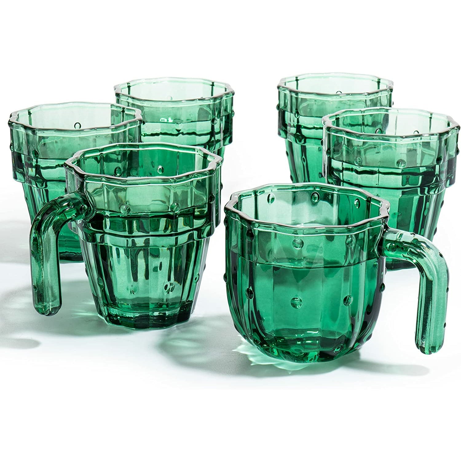 Cactus Stackable Glasses, Stacktus Gifts, Set of 6-10 oz Cactus Shape Glasses With Handles Green Glass Blown Figurines Plant Decorations for Parties 3.5
