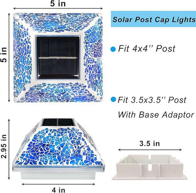 2PK Mosaic Solar Post Cap Lights Outdoor for 4x4, 3.5x3.5 Post Crackled Glass Deck Fence Lamp Weatherproof LED Light Decor in Garden, Yard, Outdoor Table, Balcony, Landscape- Cyan Blue