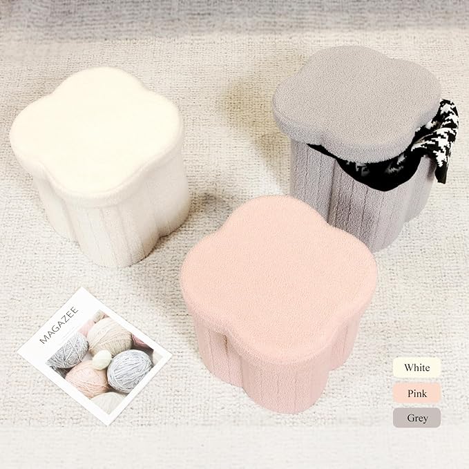 B FSOBEIIALEO Storage Ottoman Cube, Flowers Shaped Ottomans with Storage Foot Stool Footrest for Lving Room, Boucle Ottoman Seat for Dorm Room,Faux Teddy Fur, Pink 12.6