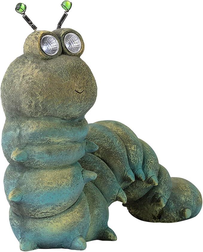 Alpine Corporation FCC121SLR Outdoor Solar Powered Garden Caterpillar Statue with LED Lights, LED Solar Garden Décor, 16