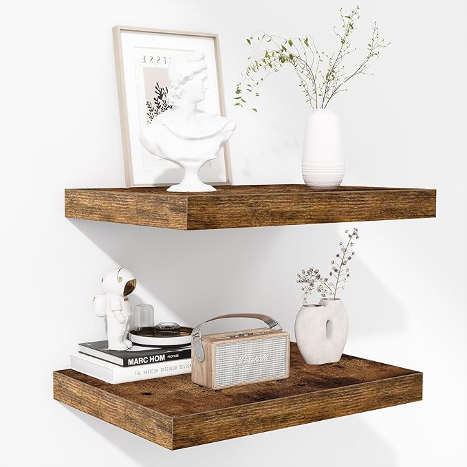 Fun Memories Floating Shelves - 2 Pack 12 Inch Deep Rustic Wooden Wall Shelves - Extra Deeper & Thicker Wall Mounted Storage Shelf for Living Room, Kitchen, Farmhouse - 16