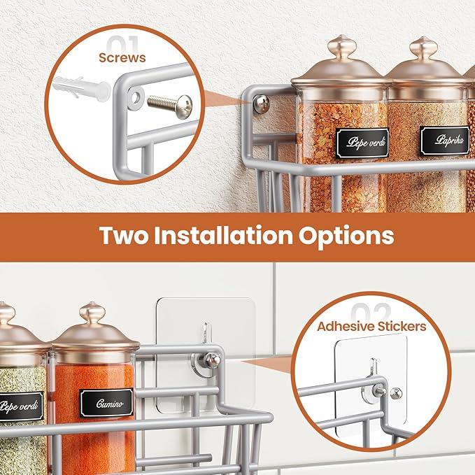 5 Pack Spice Rack Seasoning Organizer Wall Mount, Screw or Adhesive Hanging Shelf Basket Spice Organizer Shelf for Kitchen, Silver