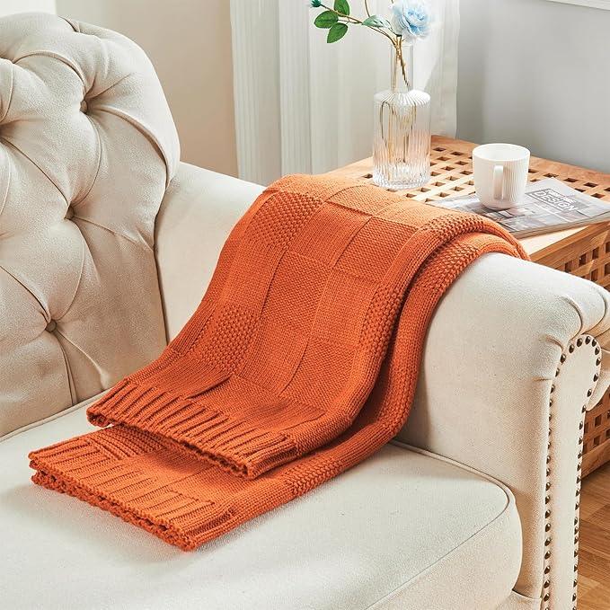 CozeCube Check Knit Throw Blanket, Rust Orange Checkered Throw for Couch, Decorative Christmas Soft Cozy Warm Knitted Blanket for Bed Sofa Living Room, 50