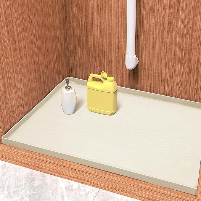 URMONA Waterproof Silicone Under Sink Mat 22'' x 22'' Shelf Liner for Kitchen and Bathroom, Cabinet and Counter Protector, Storage and Organizers, Litter Mat, Pet Cat Puppy Essentials(Cream)