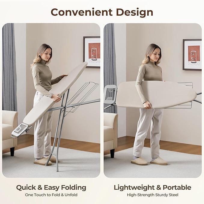 Yaheetech Ironing Board, Compact Iron Board with Cord Holder, Steam Iron Rest and Bottom Storage Tray, 9 Adjustable Heights & 3 Layer Cover, Folding Heavy Duty Ironing Board 52X14, Beige