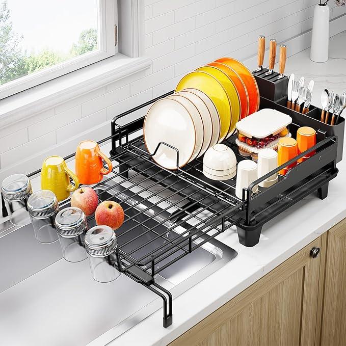 Extendable Dish Drying Rack, Multifunction Dish Rack for Kitchen Counter, Expandable Dish Drainer Over Sink, Large Dish Strainer with Cups Holder, 1 Tier Black