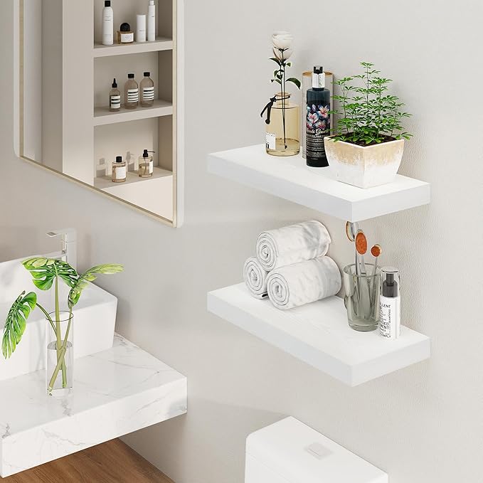 Fun Memories White Floating Shelves, 8 Inch Deep Wall Shelves Set of 2, Rustic Deep Shelves for Wall Storage, 24 x 8 Floating Shelves, 8