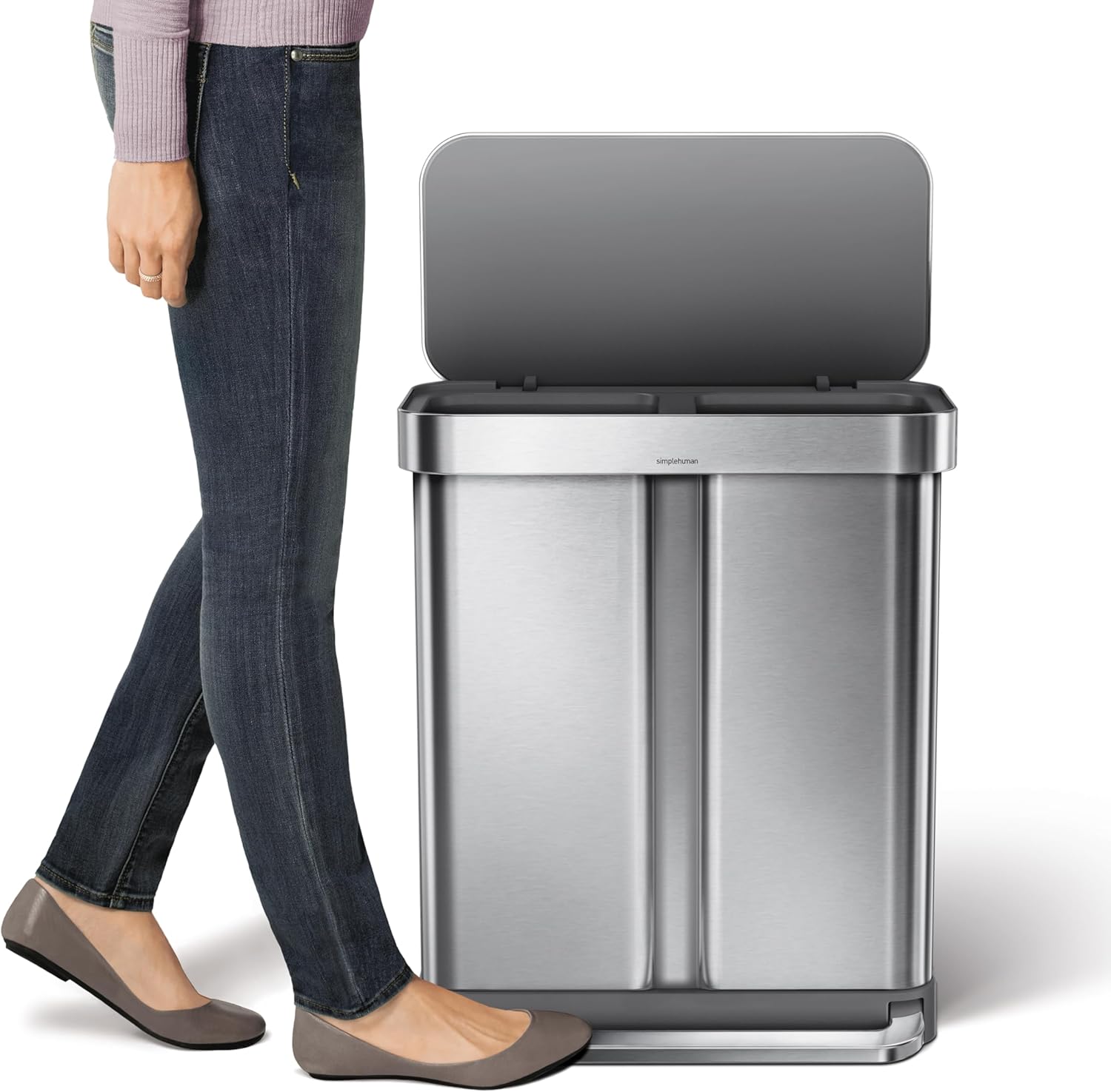 simplehuman 58 Liter / 15.3 Gallon Rectangular Hands-Free Dual Compartment Recycling Kitchen Step Trash Can with Soft-Close Lid, Brushed Stainless Steel