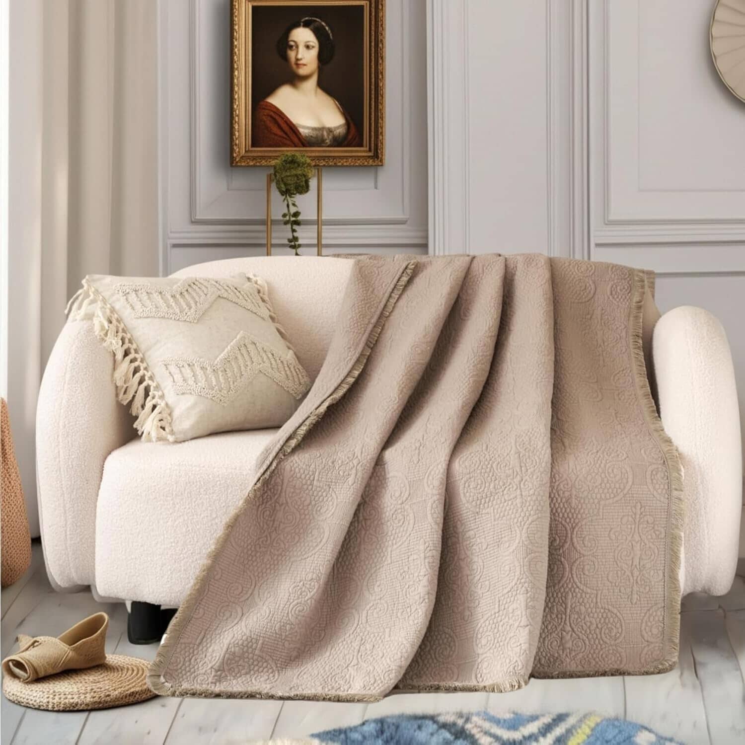 DaDa Bedding Elegant Fringed Cotton Quilted Throw Blanket - Luxurious Solid Soft Paisley Pattern, Cozy Lightweight Lap Throw, Perfect for Couch or Bed, Neutral Sandy Taupe Tan Beige, 50x60 Inches