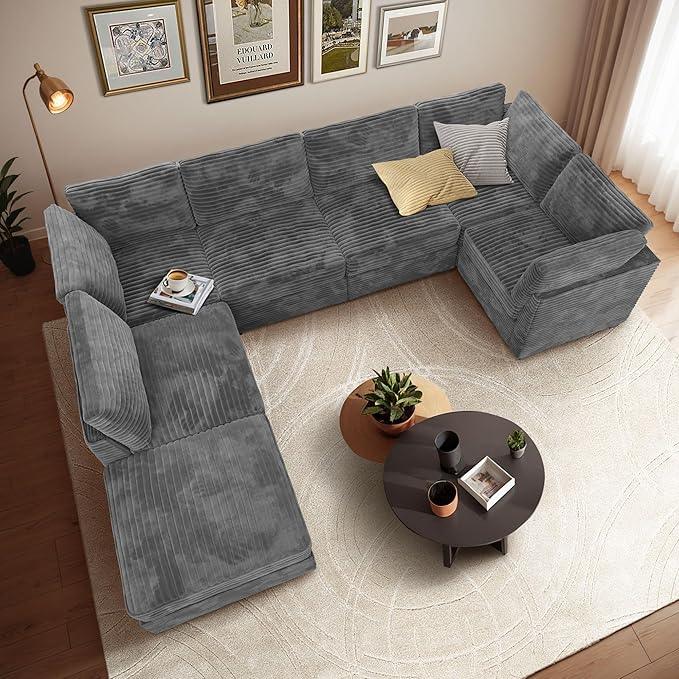Modular Sectional Sofa with Chaise, U-Shaped 7-Seater Cloud Couch for Living Room, Plush Corduroy Fabric, Includes Movable Ottoman, Beige
