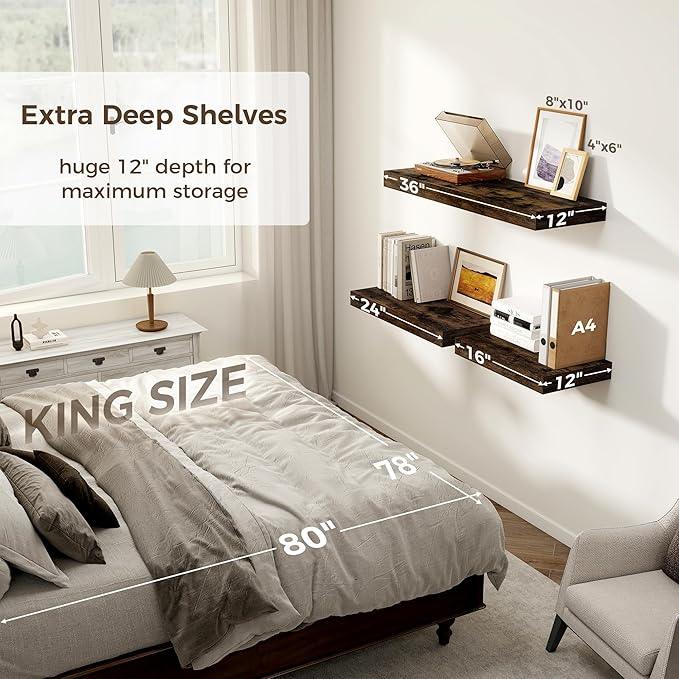 12 Inch Deep Floating Shelves, 16 x 12 Floating Shelf for Books, Rustic Wood Deep Wall Shelves for Home Storage & Display, 2