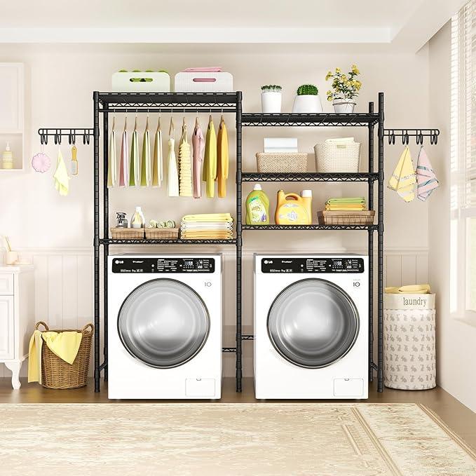 Ulif U5 Over the Washer and Dryer Storage Shelf, Laundry Room Space Saver Bathroom Storage and Organizer Rack for Hanging Towels and Drying Clothes with 5 Wire Shelves, 58.2