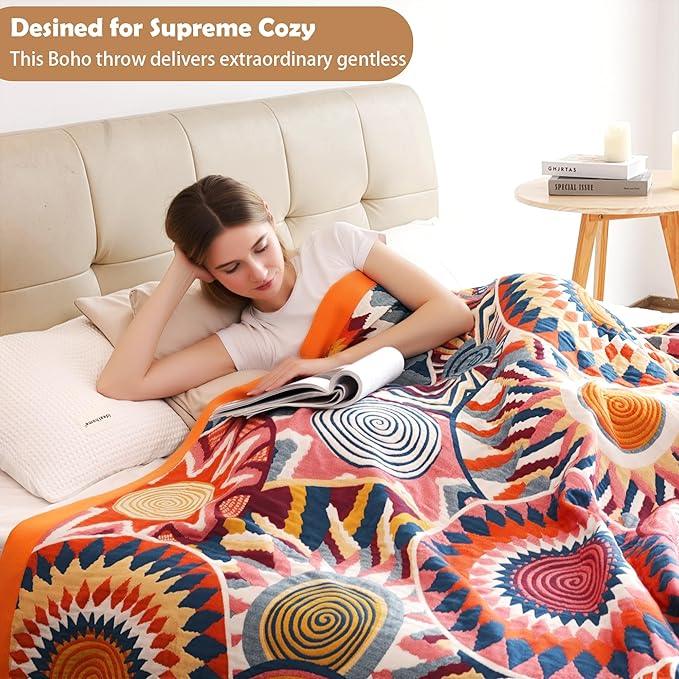 Boho Throw Blanket, 100% Organic Muslin Cotton Breathable Ultra Soft Bed Quilt Throw - All Season Floral Bird Butterfly Farmhouse Decor Blanket for Sofa Couch Chair and Gift. 50