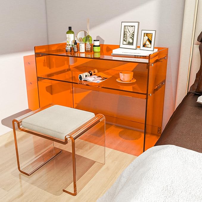 Acrylic Desk with Retaining Edge, Orange Acrylic Table, Console Table for Office, Study, Bedroom, Entrance Decor (17.7