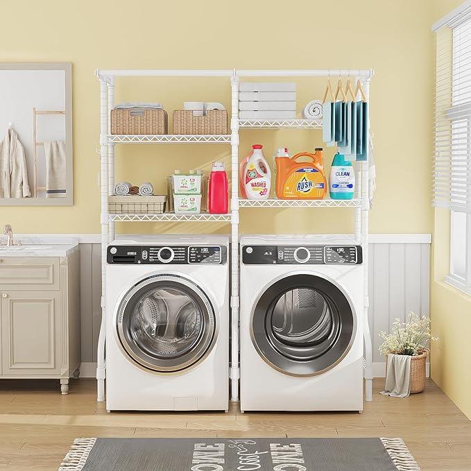 U14 Over Washer and Dryer Storage Shelves, 4 Tiers Laundry Room Storage and Organizer System, Space Saving Clothes Drying Rack with 2 Clothes Hanger Rods, 66.5