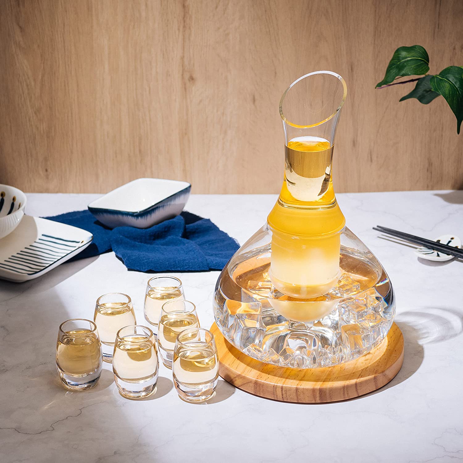 Sake Set Glasses Japanese, 15 Ounce, With 6-1oz Crystal Saki Cups Set, for Warmer or Cold Japanese Wine Drinking with a Wooden Stone Coaster by The Wine Savant, Cups & Carafe Japanese Gifts Set