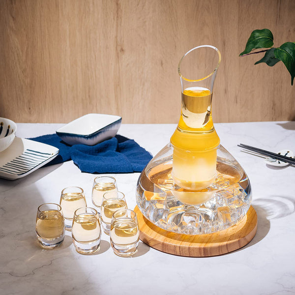 Sake Set Glasses Japanese, 15 Ounce, With 6-1oz Crystal Saki Cups Set, for Warmer or Cold Japanese Wine Drinking with a Wooden Stone Coaster by The Wine Savant, Cups & Carafe Japanese Gifts Set