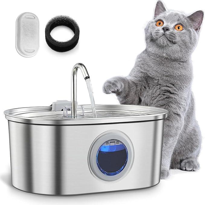 Cat Water Fountain Stainless Steel with Water Level Window,108oz/3.2L Cat Fountain Quiet Automatic Pet Water Fountain for Cats and Small Dogs