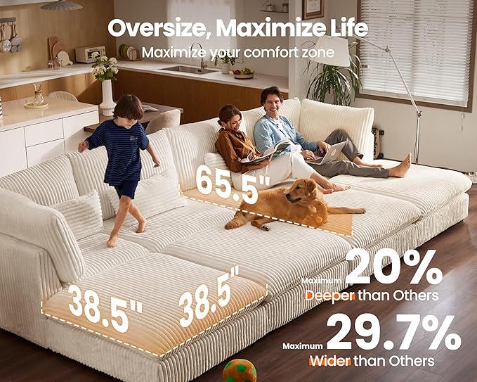 Oversized Modular Sofa, Extra Deep Cloud Corduroy Sectional Couch with Ottoman Chaise, Fluffy Chenille Loveseat L Sofa for Living Room, Villa (Loveseat+Ottoman, Corduroy White)