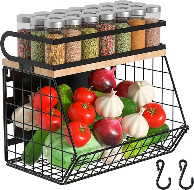 Magnetic Spice Rack for Refrigerator, Fruit, Potato & Onion Storage Bin,Large Capacity Magnetic Shelves for Side of Refrigerator, Kitchen Organizers and Storage Countertop,1 Pack Black