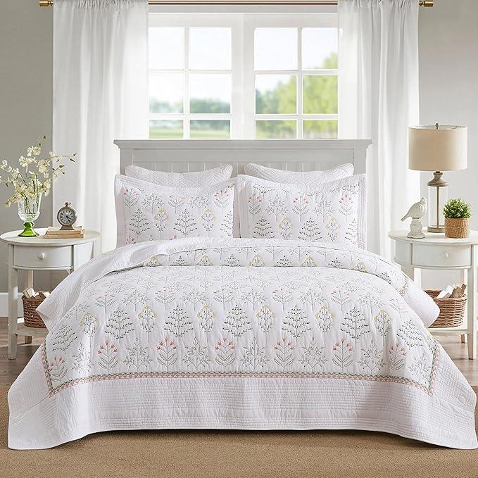 MarCielo 3-Piece 100% Cotton Oversized Bedspread Lightweight Quilt Coverlet Embroidery Farmhouse Bedding Set(TL Floral White,Oversized King (118