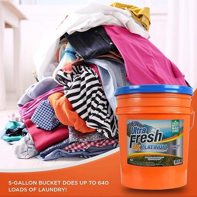 Ultra Fresh 5 Gallon Liquid Laundry Detergent Washing Soap for All Machine Types, 6X Platinum, Up to 640 Loads, Mountain Fresh