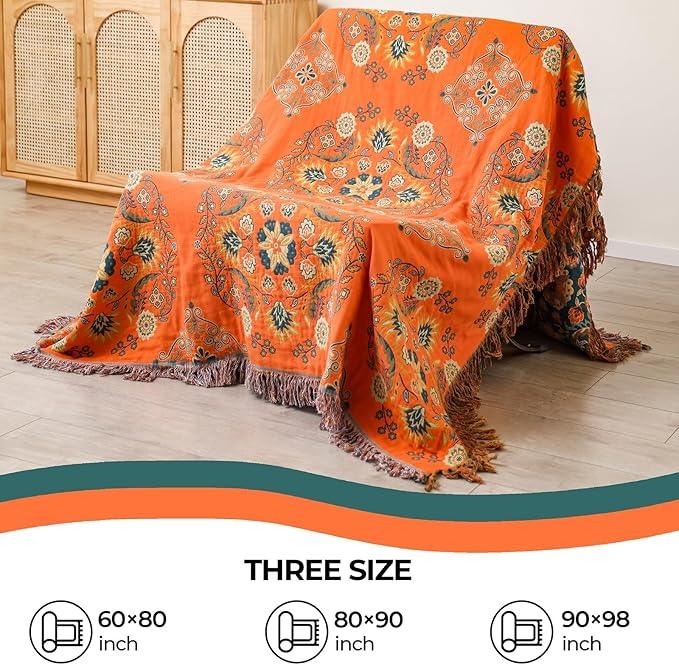 Fall Throw Blanket for Couch Bed Chair,100% Cotton Soft Lightweight Blanket Rustic Quilt -Orange Floral Printed Farmhouse Decor Bed All Season Blankets,60