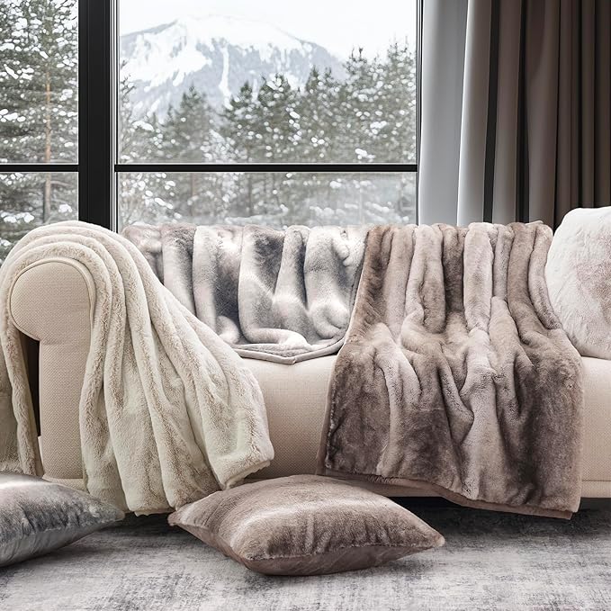 Ultra Soft Luxury Fluffy Mink Faux Fur Throw Blanket, Thick Warm Fall Winter Blankets for Bed, Couch, Cozy Plush Reversible Blanket for Chair, Sofa (Ombré Silver Onyx, 60