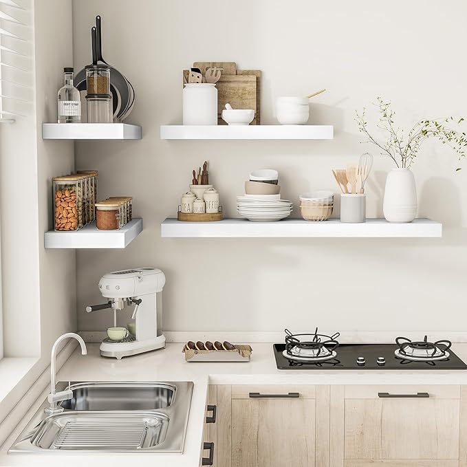 White Floating Shelves for Wall, 36 Inch X 12 Deep Shelves for Room Wall Mounted，2