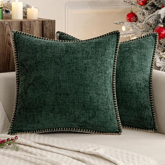 MIULEE Pack of 2 Christmas Pillow Covers 24x24 Inch Dark Green Farmhouse Decorative Throw Pillow Covers with Stitched Edge Soft Chenille Solid Dyed Couch Pillow Covers for Sofa Bed Living Room