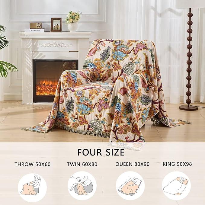 100% Muslin Throw Blanket for Couch, Butterfly and Floral Double Embroidery Fall Throw Blanket 60