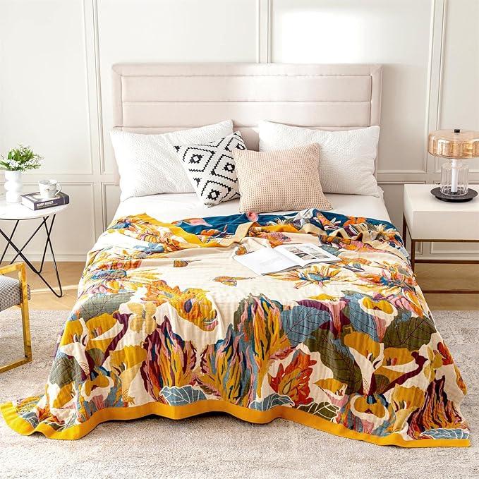 Boho Throw Blanket for Couch 100% Cotton Throw Floral Bed Blanket 80''x90'',Cotton Quilts Travel Knitted Muslin Blanket Home Decor Cozy Blankets for Women