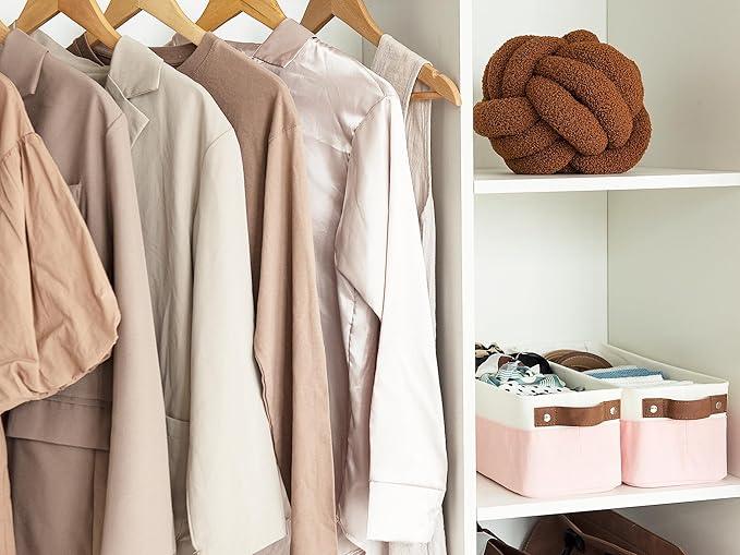 StorageWorks Narrow Storage Bins, Small Basket for Closet and Shelves, Fabric Organizer with Handles, Toilet Paper Storage, Pink and White, 2-Pack