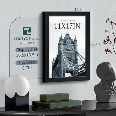 11x17 Picture Frame 3 Pack - Black Woodgrain, Solid Wood & HD Tempered Glass, Wall Gallery Poster Frame