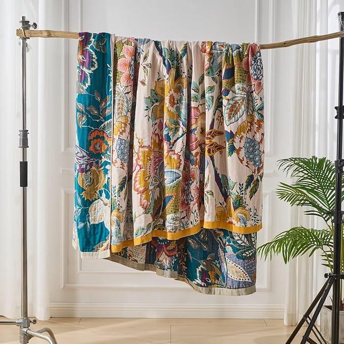 Boho Throw Blanket for Bed, Double Sided Floral Decorated Bohemian Couch Blanket, Lightweight Breathable 100% Cotton Throw Blanket,Room, Farmhouse, Bed Decor (Happiness,50