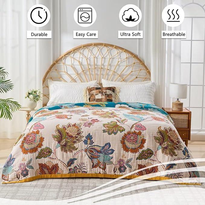 Boho Throw Blanket Reversible Muslin Bohemian Tapestry, Flower Decorated Bohemian Sofa Blanket, Lightweight Breathable 100% Cotton Throw Blanket, Chair Blanket, 50