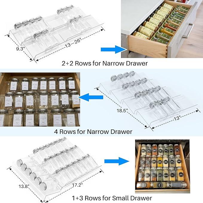 Antimbee Spice Drawer Organizer, 4 Tier- 4 Pack Acrylic Spice Rack Tray for Drawer, Expandable From 13