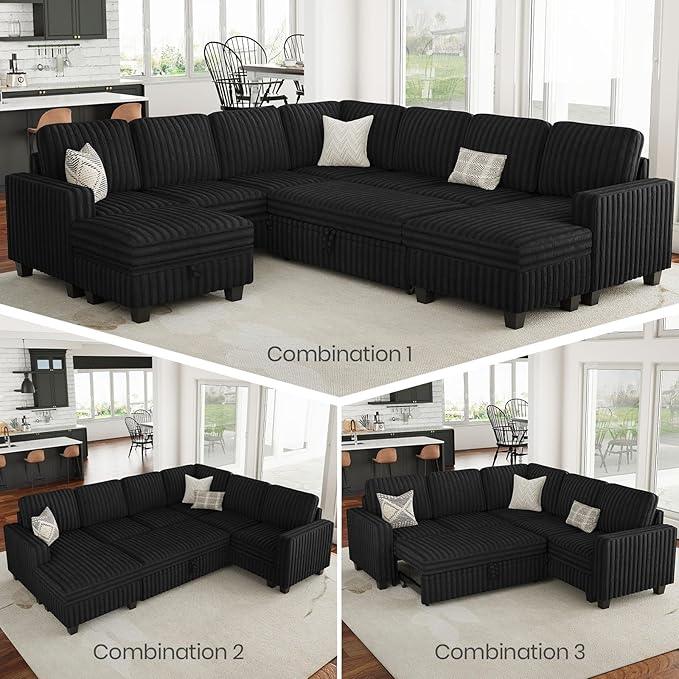 Belffin Modular Sectional Sleeper Sofa with Pull Out Couch Bed Corduroy Double Chaise with Storage Black Couch