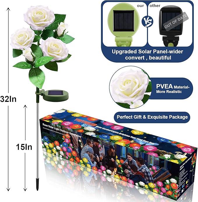 Solar Flower Lights Outdoor - Upgraded New Material Two Modes Realistic LED Solar Powered Waterproof Lights with 5 Roses, Solar Decorative Stake Lights for Garden (White, 2 Pack)