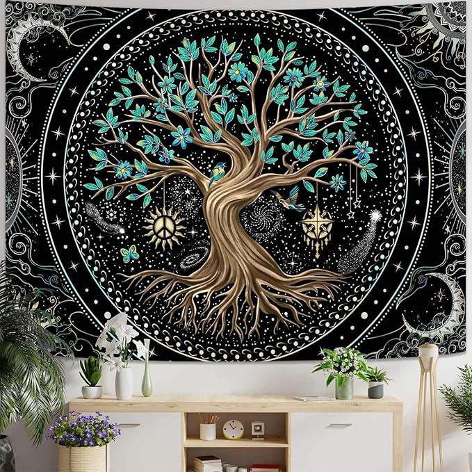 Lunerfex Tree of Life Tapastry Butterfly Moon Tapastry Flower Green Tree Tapestries Mandala Wall Hanging for Bedroom and Living Room Decor 44×60 Inches