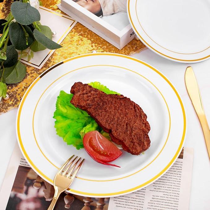FLOWERCAT 60PCS Gold Plastic Plates - Heavy Duty White and Gold Plastic Plates Disposable for New Year/Thanksgiving Party/Wedding - Include 30PCS 10.25