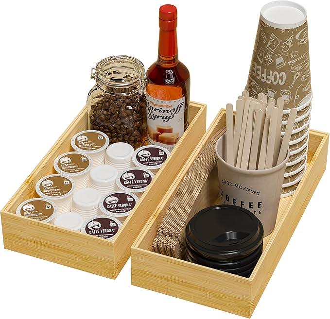 Kitchen Drawer Organizer Bins, Stackable Bamboo Drawer Organizer for Silverware, Flatware, Coffee Pod Organizer K Cup Holder for Countertop, 2 Pcs Coffee Station Organizer 12